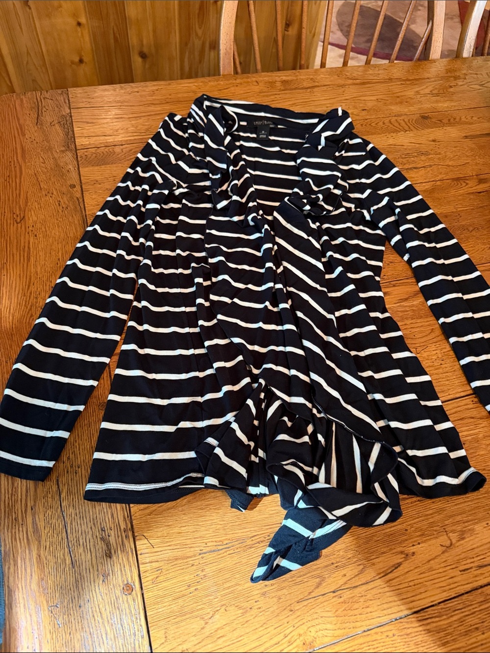 White House Black Market Black and White Striped Long-Sleeve Wrap Top